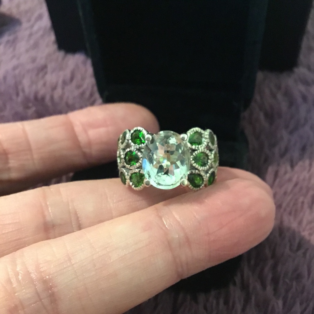 Elegant Vintage Natural Prasiolite & Chrome Diopside Wide Band Ring